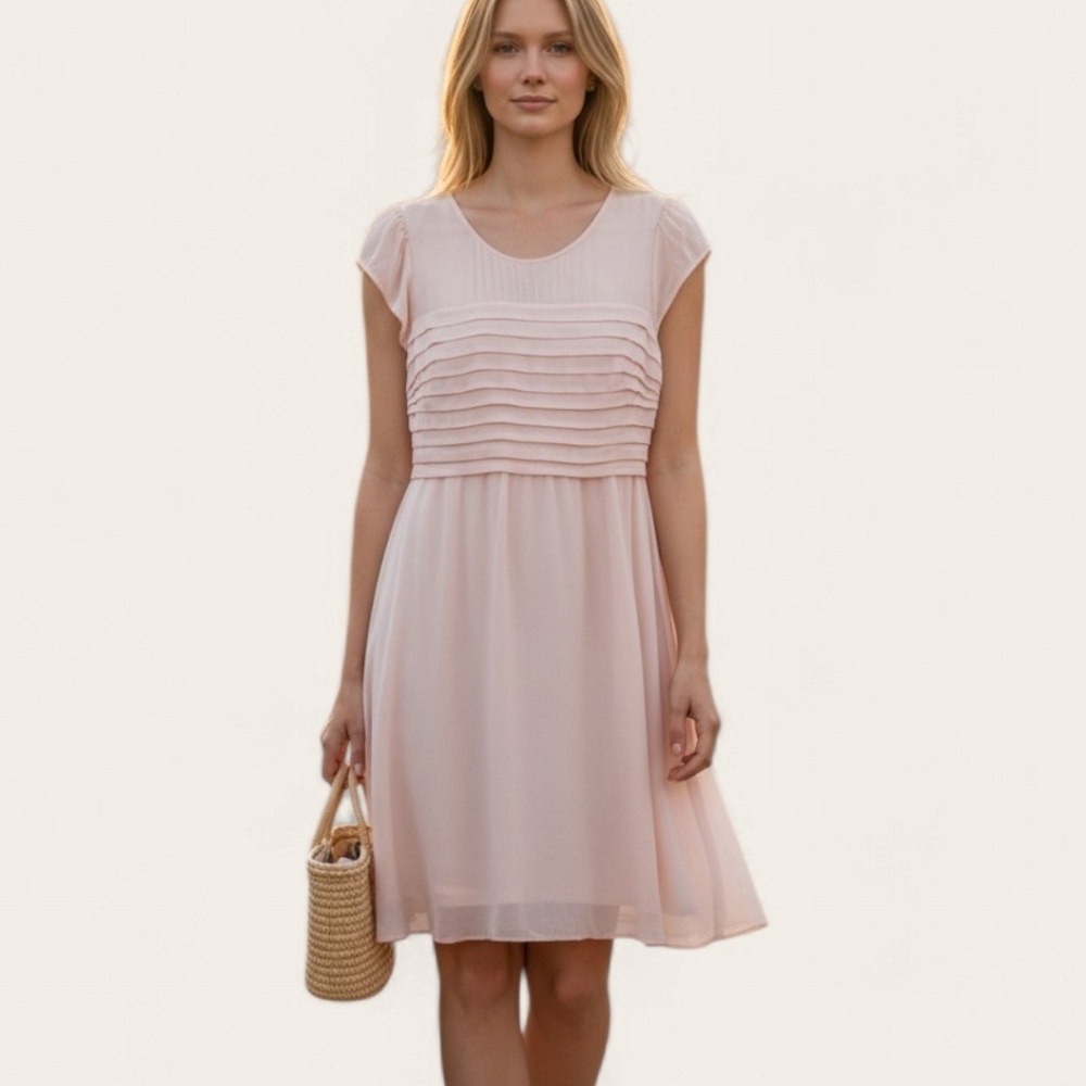 Boden Pink Sheer Elegant Pleated Midi Cap Sleeve Dress Size 6L